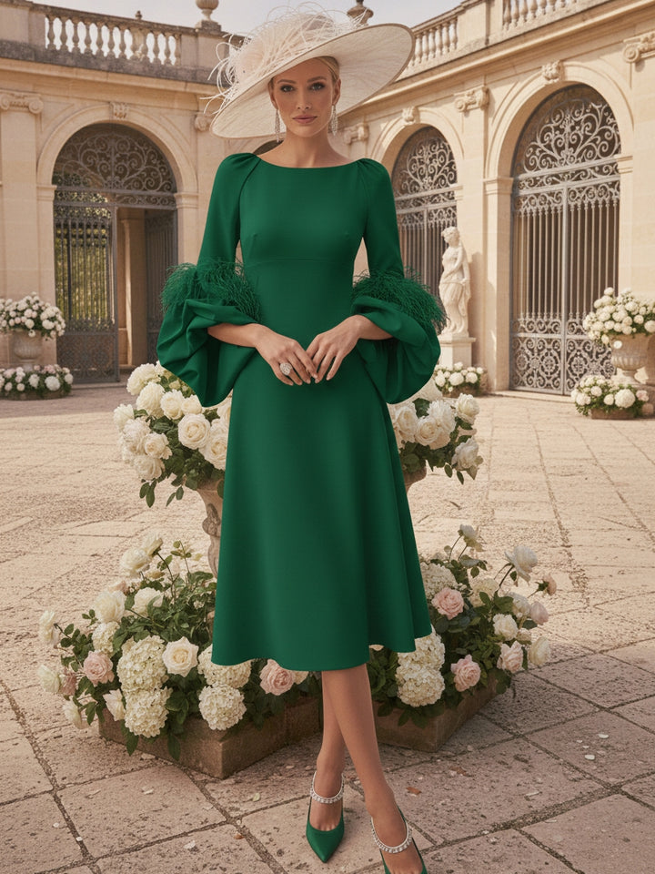 A-Line/Princess Scoop Mother of the Bride Dresses Stretch Satin Tea-Length Long Sleeves with feathers