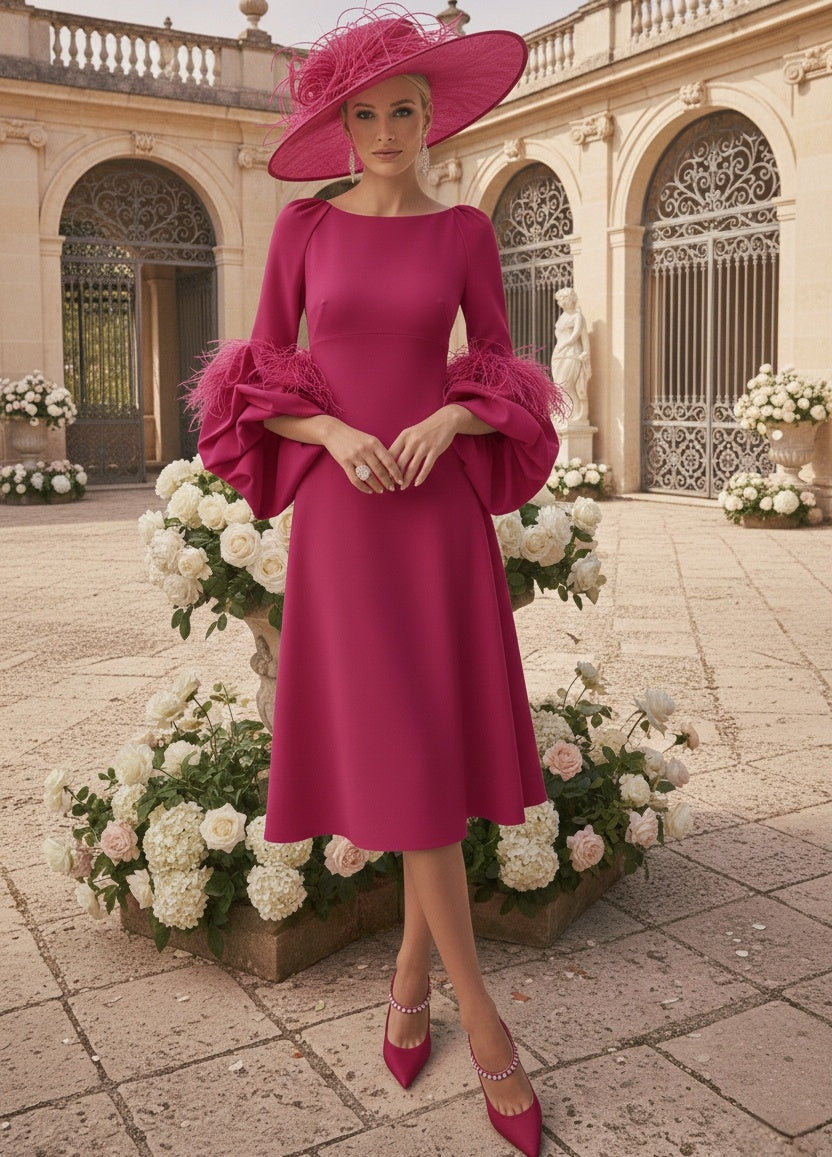 A-Line/Princess Scoop Mother of the Bride Dresses Stretch Satin Tea-Length Long Sleeves with feathers