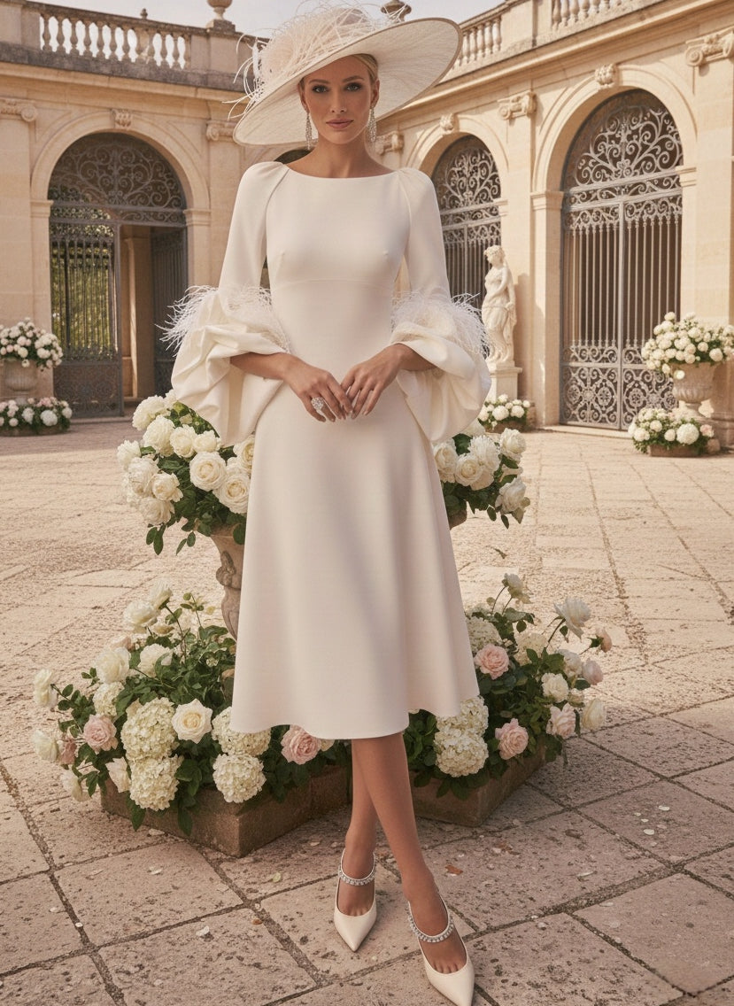 A-Line/Princess Scoop Mother of the Bride Dresses Stretch Satin Tea-Length Long Sleeves with feathers