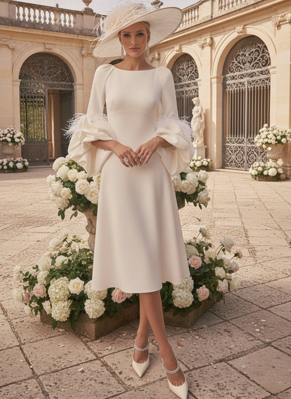 A-Line/Princess Scoop Mother of the Bride Dresses Stretch Satin Tea-Length Long Sleeves with feathers