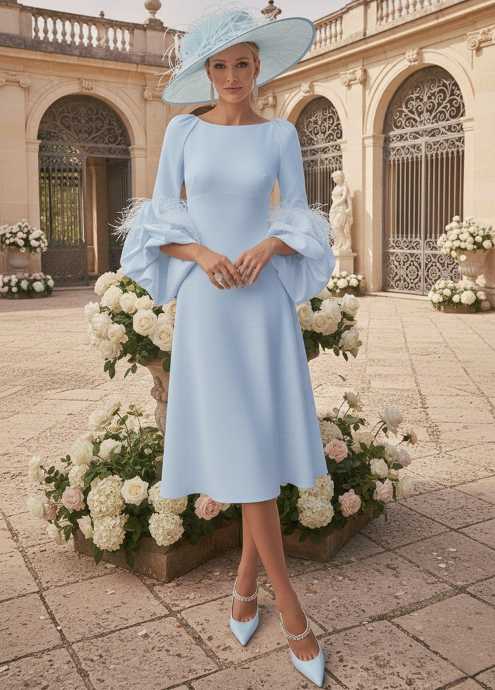 A-Line/Princess Scoop Mother of the Bride Dresses Stretch Satin Tea-Length Long Sleeves with feathers