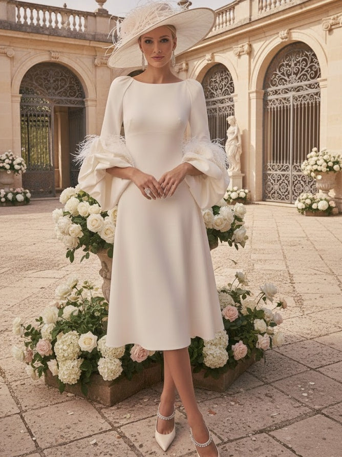 A-Line/Princess Scoop Mother of the Bride Dresses Stretch Satin Tea-Length Long Sleeves with feathers