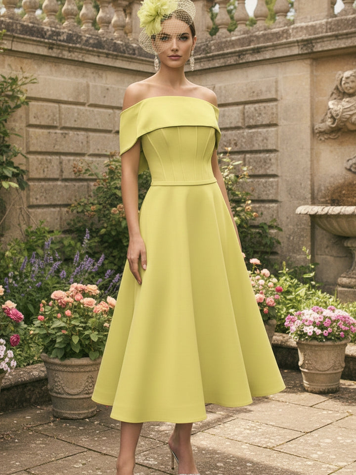 A-Line/Princess Off-the-Shoulder Mother of the Bride Dresses Satin Tea-Length Short Sleevess Ruched Bowknot