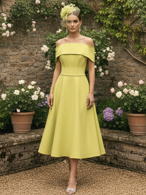 A-Line/Princess Off-the-Shoulder Mother of the Bride Dresses Satin Tea-Length Short Sleevess Ruched Bowknot