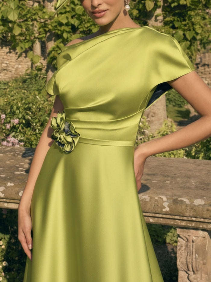A-Line/Princess One-Shoulder Mother of the Bride Dresses Satin Tea-Length Short Sleevess Ruched