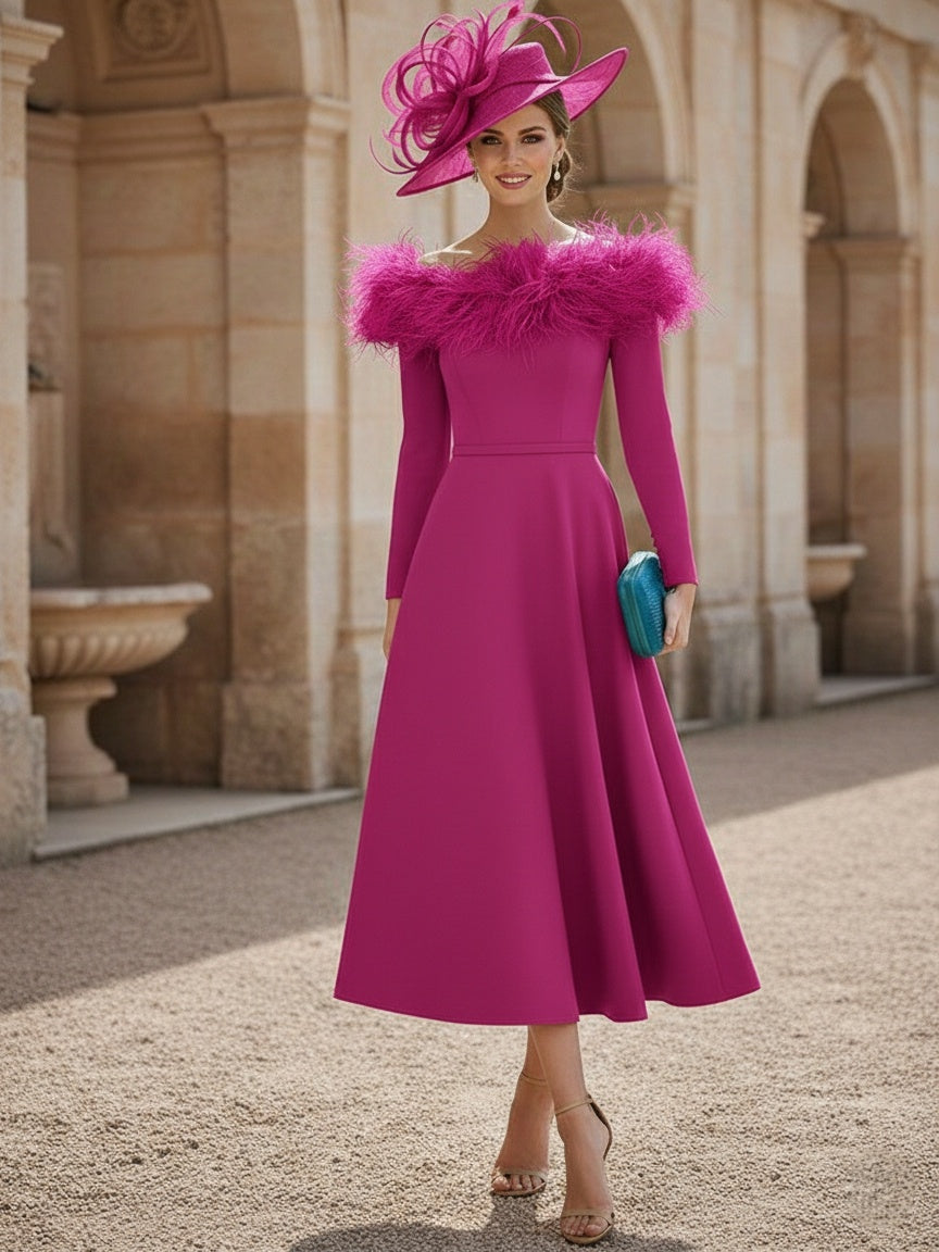 A-Line/Princess Off-the-Shoulder Mother of the Bride Dresses Stretch Satin Tea-Length Long Sleeves