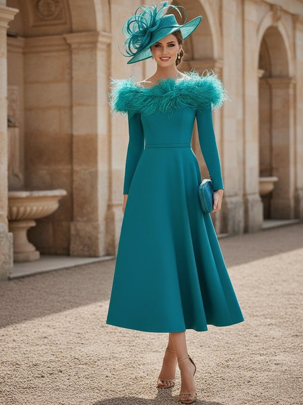 A-Line/Princess Off-the-Shoulder Mother of the Bride Dresses Stretch Satin Tea-Length Long Sleeves