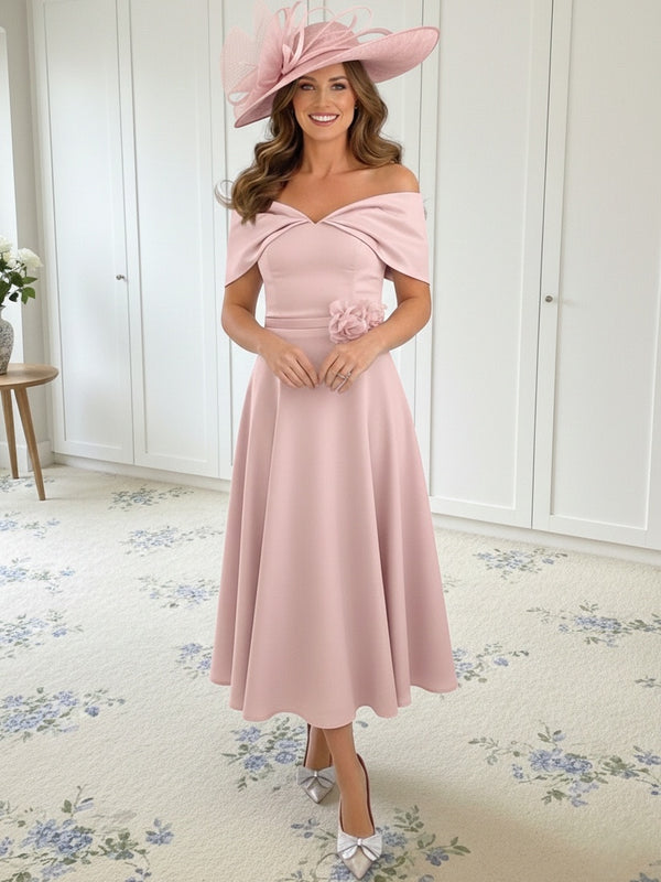 A-Line/Princess 1/2 Sleeves Tea-Length Off-the-Shoulder Mother of the Bride Dresses with 3D Flowers