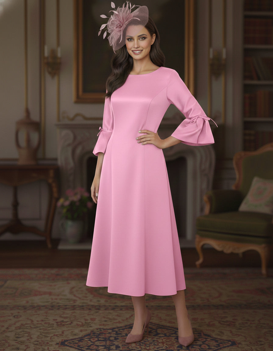 A-Line/Princess Round Neck Tea-Length Mother of the Bride Dresses 3/4 Sleeves