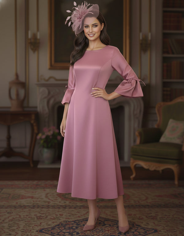 A-Line/Princess Round Neck Tea-Length Mother of the Bride Dresses 3/4 Sleeves