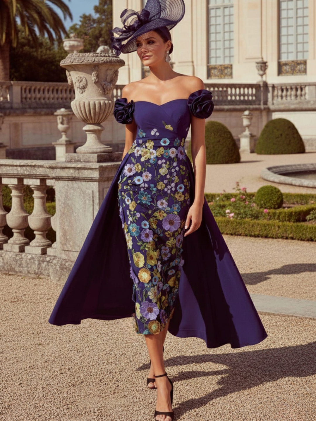 Sheath/Column Off-the-Shoulder Mother of the Bride Dresses Stretch Satin Tea-Length Sleeveless with 3D Flower