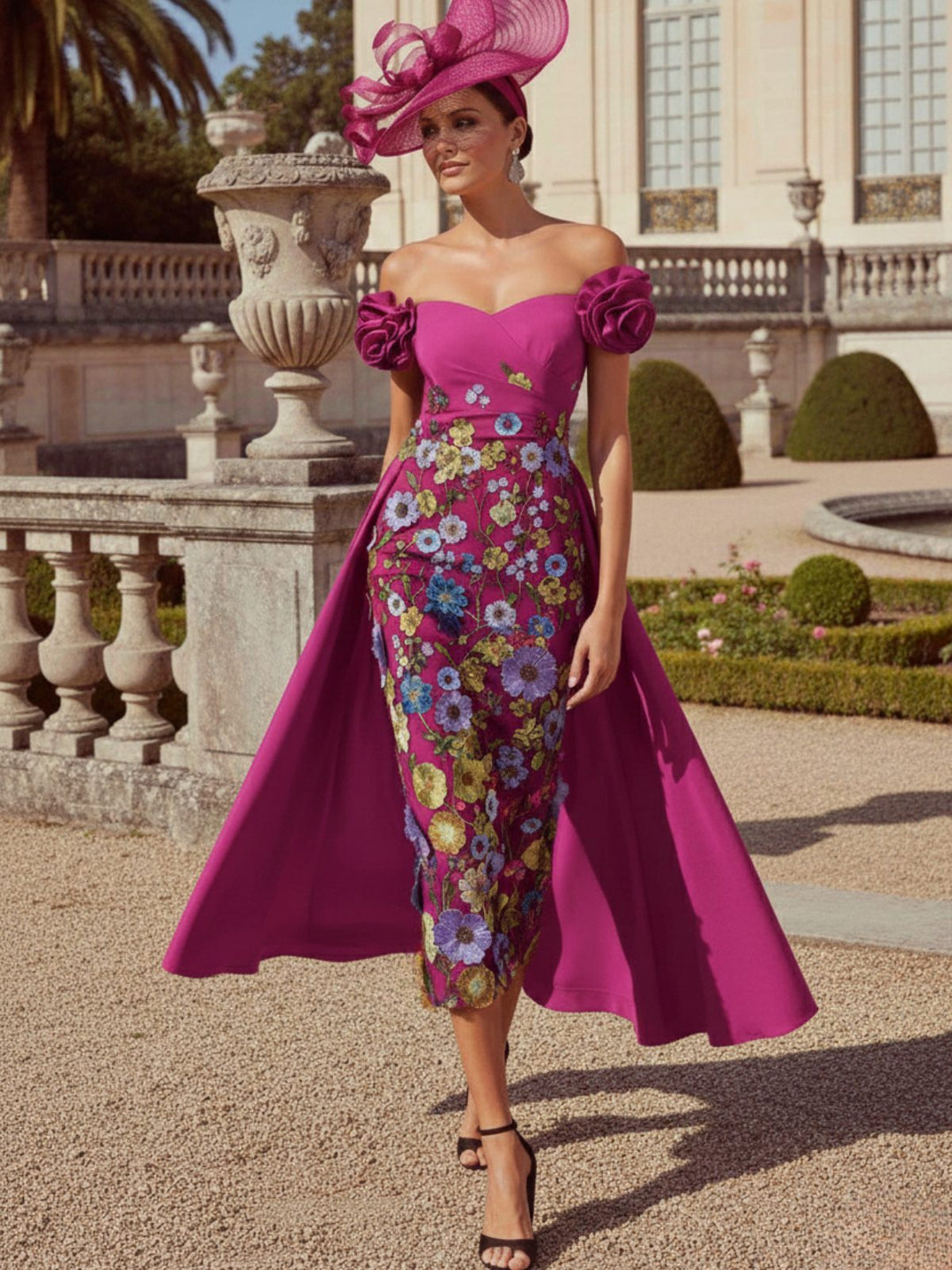 Sheath/Column Off-the-Shoulder Mother of the Bride Dresses Stretch Satin Tea-Length Sleeveless with 3D Flower