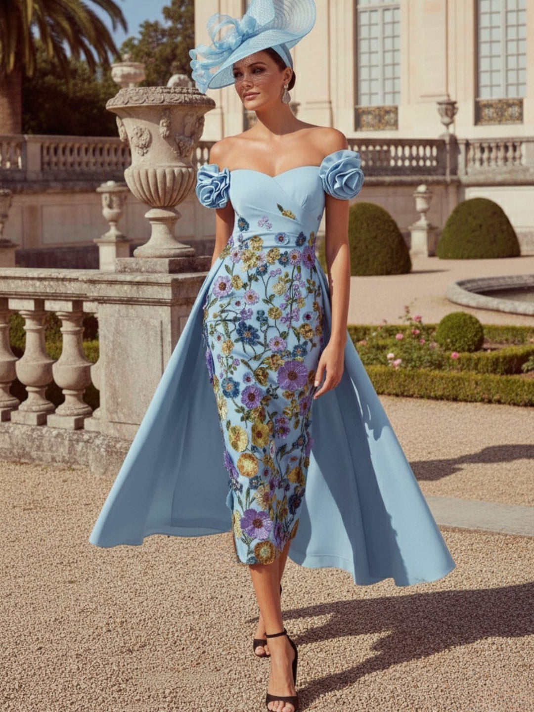 Sheath/Column Off-the-Shoulder Mother of the Bride Dresses Stretch Satin Tea-Length Sleeveless with 3D Flower