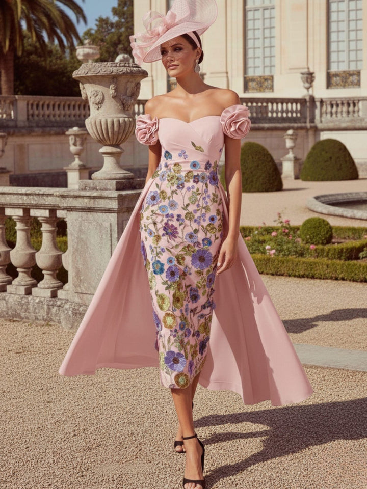 Sheath/Column Off-the-Shoulder Mother of the Bride Dresses Stretch Satin Tea-Length Sleeveless with 3D Flower