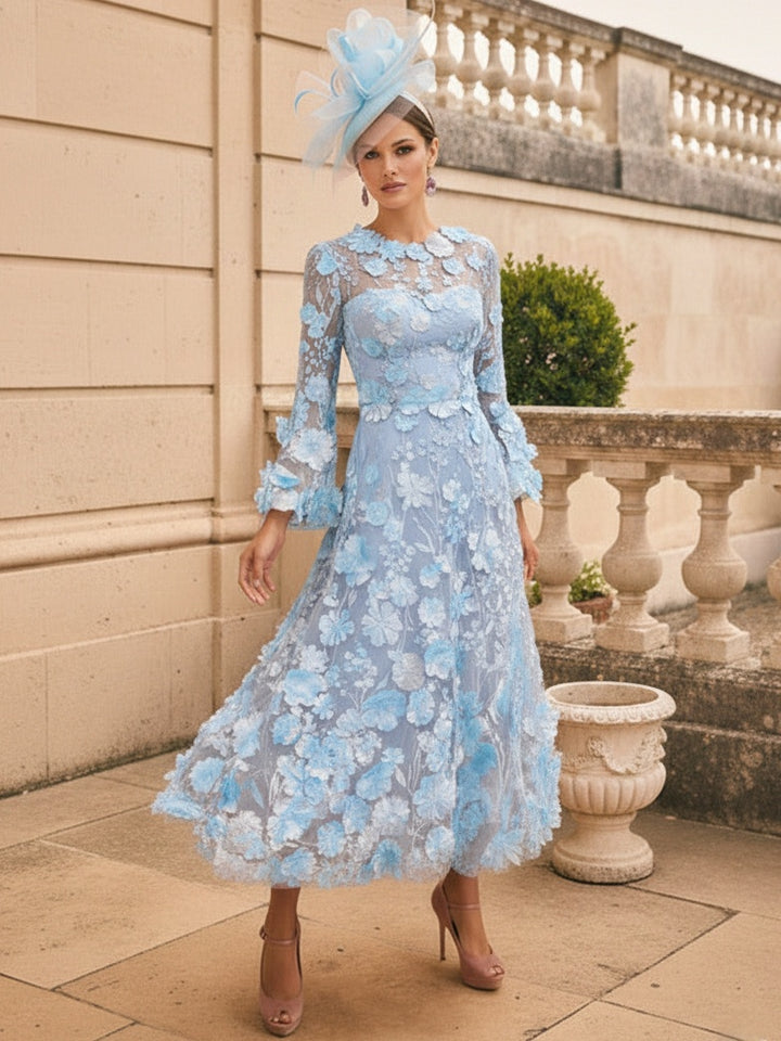 A-Line/Princess Round Neck Mother of the Bride Dresses Long Sleeves Tea-Length with Appliques