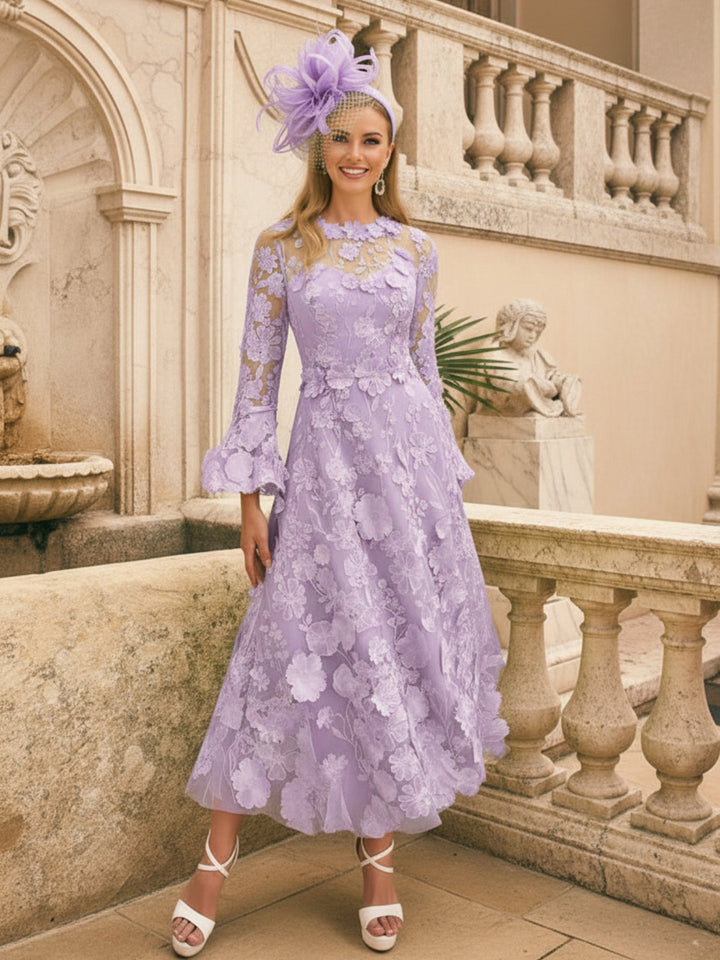 A-Line/Princess Round Neck Mother of the Bride Dresses Long Sleeves Tea-Length with Appliques
