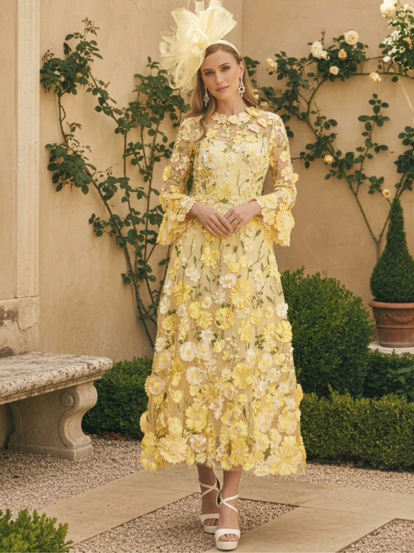 A-Line/Princess Round Neck Mother of the Bride Dresses Long Sleeves Tea-Length with Appliques