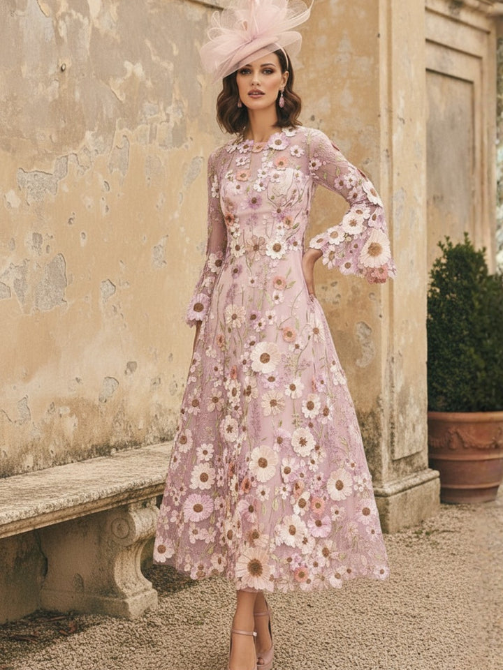 A-Line/Princess Round Neck Mother of the Bride Dresses Long Sleeves Tea-Length with Appliques