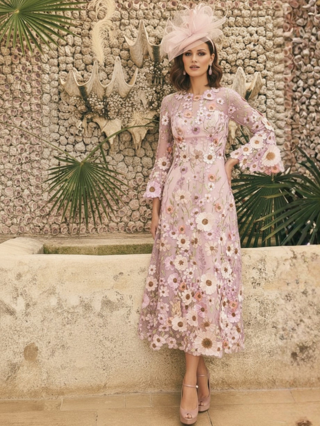 A-Line/Princess Round Neck Mother of the Bride Dresses Long Sleeves Tea-Length with Appliques