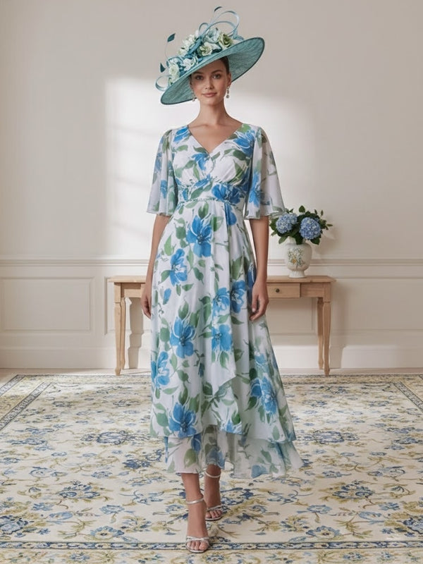 A-Line/Princess V-Neck Chiffon Mother of the Bride Dresses Floral Tea-Length Half Sleeves
