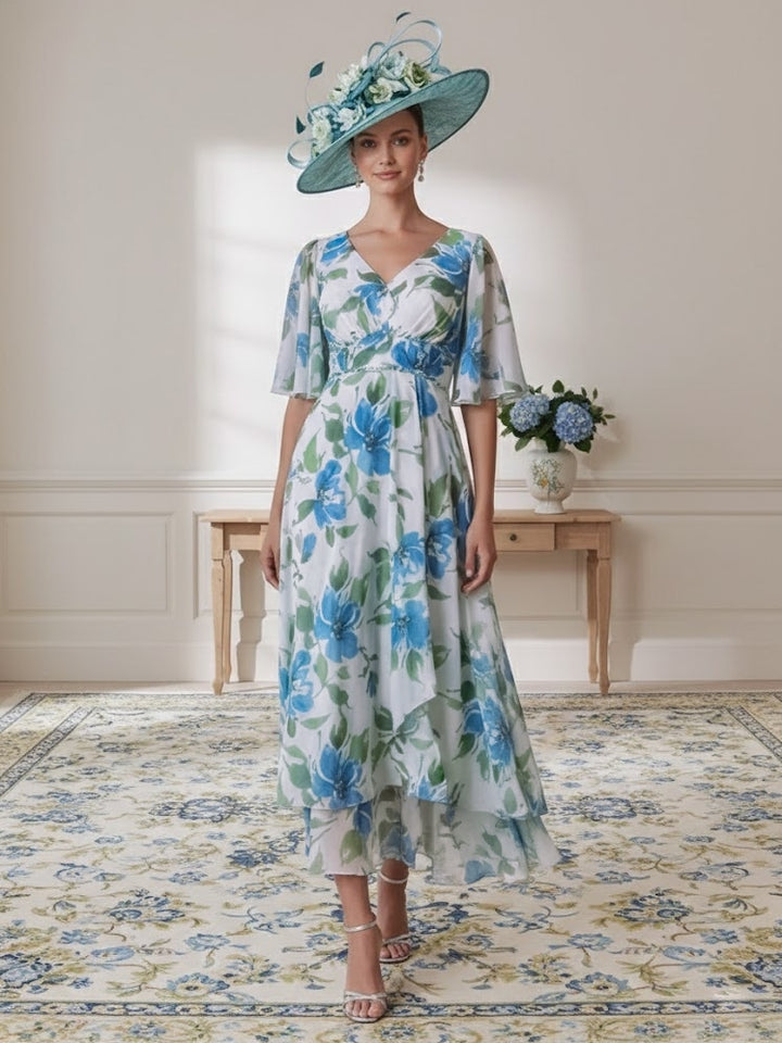 A-Line/Princess V-Neck Chiffon Mother of the Bride Dresses Floral Tea-Length Half Sleeves