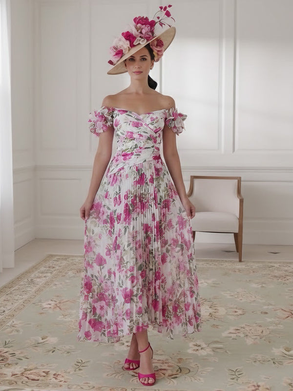 A-Line/Princess Off-the-Shoulder Chiffon Mother of the Bride Dresses Floral Tea-Length Sleeveless
