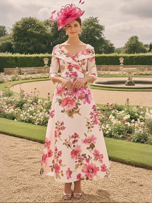 A-Line/Princess Off-the-Shoulder Mother of the Bride Dresses Satin Ankle-Length 3/4 Sleeves Floral
