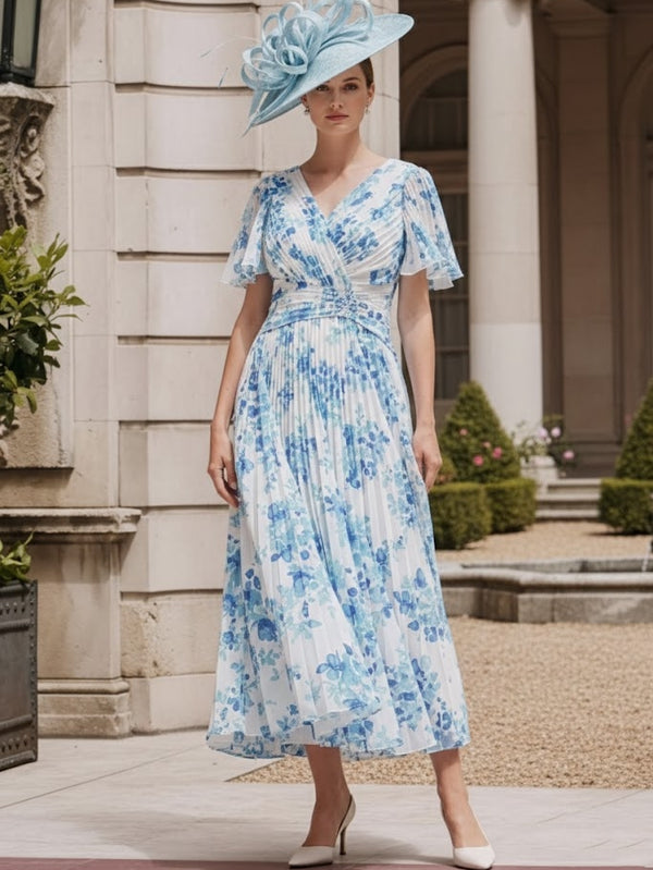 A-Line/Princess V-Neck Chiffon Mother of the Bride Dresses Floral Tea-Length Short Sleeves Pleated