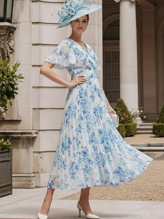 A-Line/Princess V-Neck Chiffon Mother of the Bride Dresses Floral Tea-Length Short Sleeves Pleated