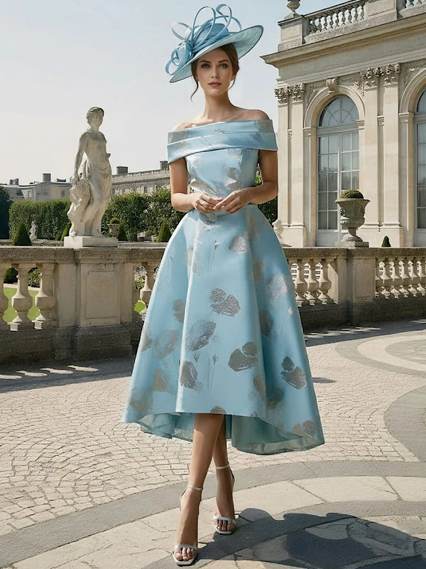 A-Line/Princess Off-the-Shoulder Mother of the Bride Dresses Printed Satin Tea-Length Sleeveless