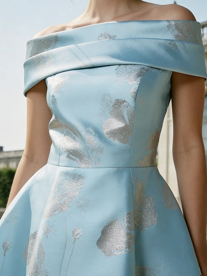 A-Line/Princess Off-the-Shoulder Mother of the Bride Dresses Printed Satin Tea-Length Sleeveless