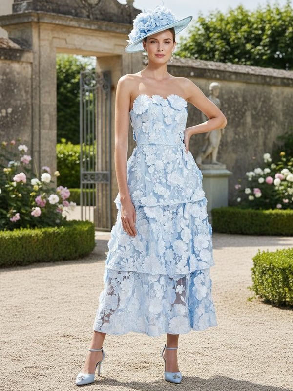 A-Line/Princess Strapless Mother of the Bride Dresses Lace Tea-Length Sleeveless Floral