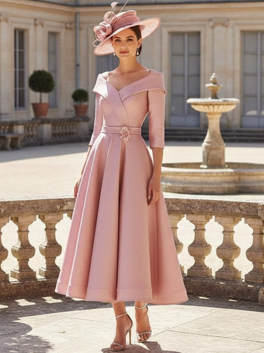 A-Line/Princess Off-the-Shoulder Satin Mother of the Bride Dresses 3/4 Sleeves Tea-Length 3D Flower