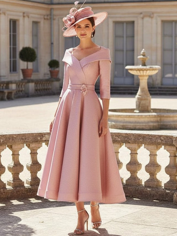 A-Line/Princess Off-the-Shoulder Satin Mother of the Bride Dresses 3/4 Sleeves Tea-Length 3D Flower