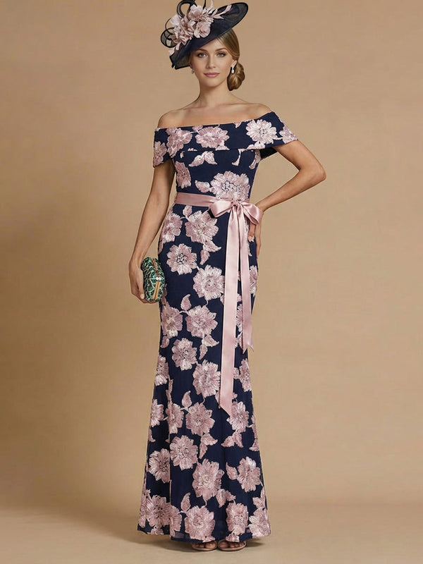 A-Line/Princess Off-the-Shoulder Mother of the Bride Dresses Printed Satin Ankle-Length Sleeveless with 3D Appliques/Belt
