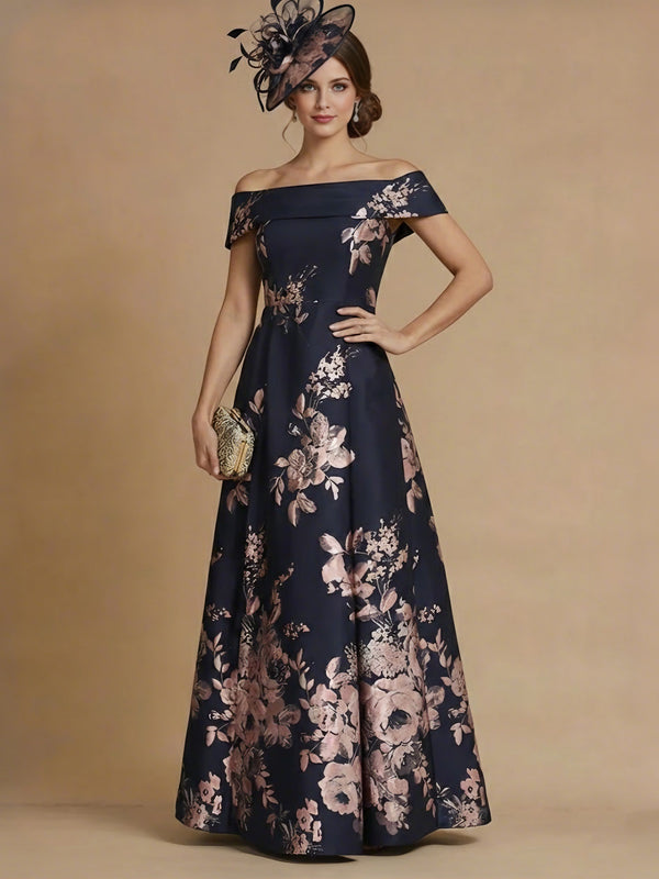 A-Line/Princess Off-the-Shoulder Mother of the Bride Dresses Printed Satin Floor-Length Sleeveless