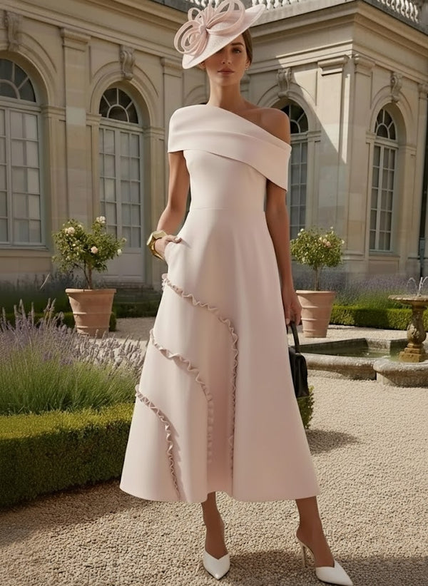 A-Line/Princess One-Shoulder Stretch Satin Mother of the Bride Dresses Tea-Length Sleeveless