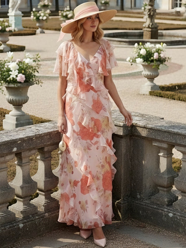 A-Line/Princess V-Neck Chiffon Mother of the Bride Dresses Floral Ankle-Length Short Sleeves