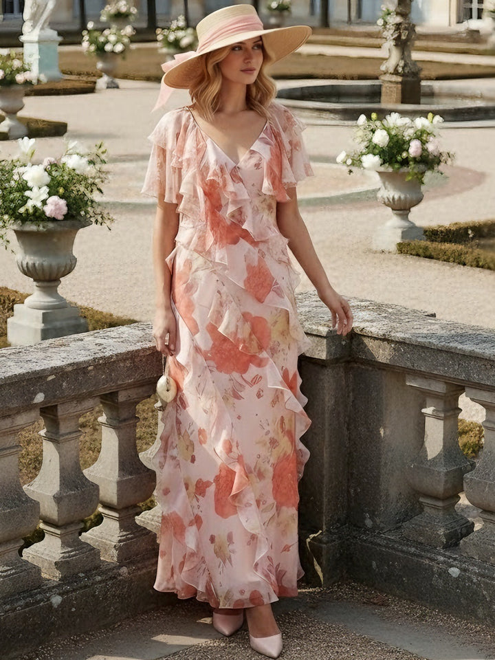 A-Line/Princess V-Neck Chiffon Mother of the Bride Dresses Floral Ankle-Length Short Sleeves