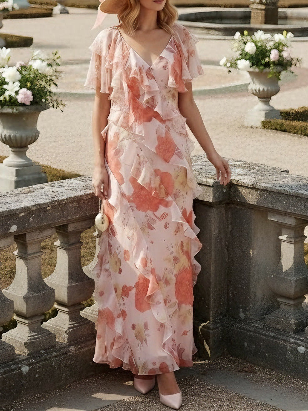 A-Line/Princess V-Neck Chiffon Mother of the Bride Dresses Floral Ankle-Length Ruffles Short Sleeves