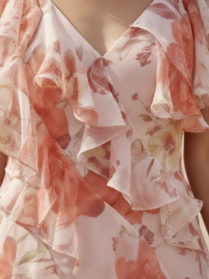 A-Line/Princess V-Neck Chiffon Mother of the Bride Dresses Floral Ankle-Length Short Sleeves