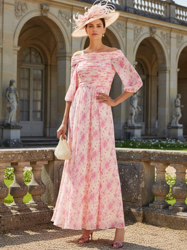 A Line/Princess Off-the-Shoulder Printed Chiffon Mother of the Bride Dresses Floral Floor-Length Sleeveless