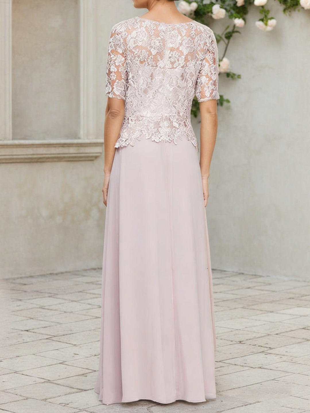 A-Line/Princess Scoop Chiffon Mother of the Bride Dresses Floor-Length Half Sleeves Lace