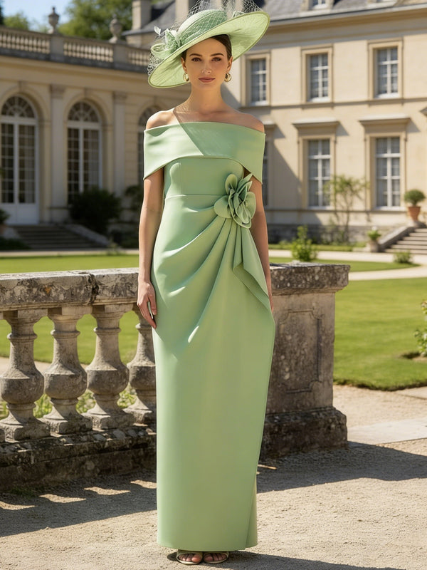 Sheath/Column Off-the-Shoulder Stretch Satin Mother of the Bride Dresses Ankle-Length Sleeveless 3D Flower