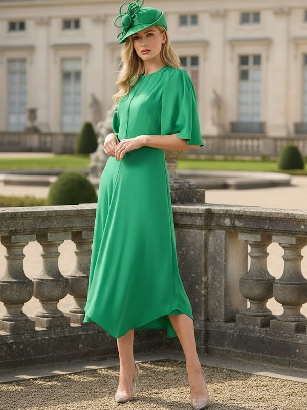 A-Line/Princess Scoop Silk Satin Mother of the Bride Dresses Tea-Length Half Sleeves
