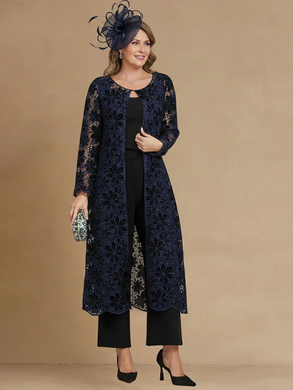 3 Pieces Scoop Satin Mother of the Bride Pansuits Tea-Length Long Sleeves With Floral Appliques& Lace Jacket