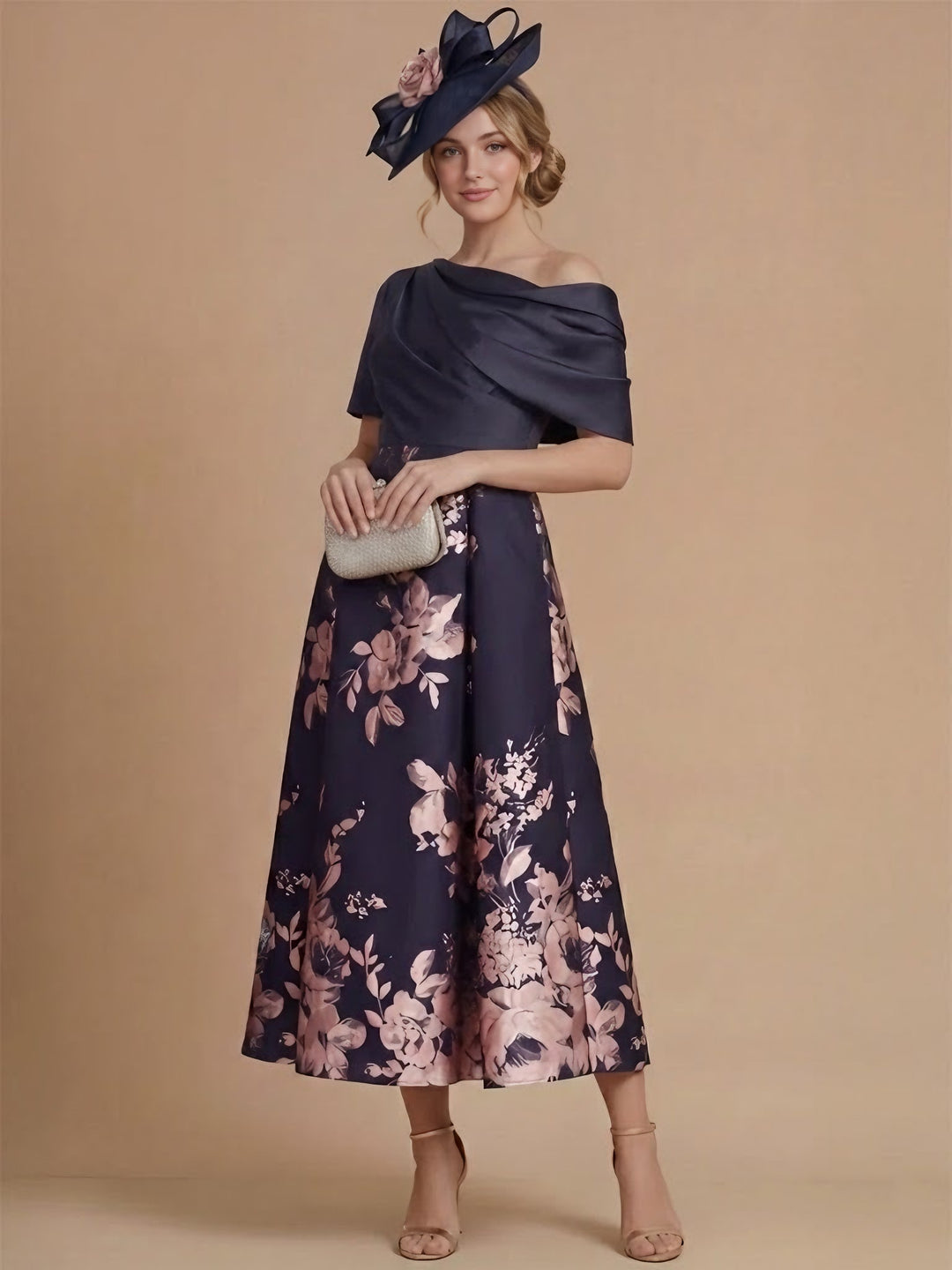 A-Line/Princess One-Shoulder Satin Mother of the Bride Dresses Tea-Length Sleeveless Floral