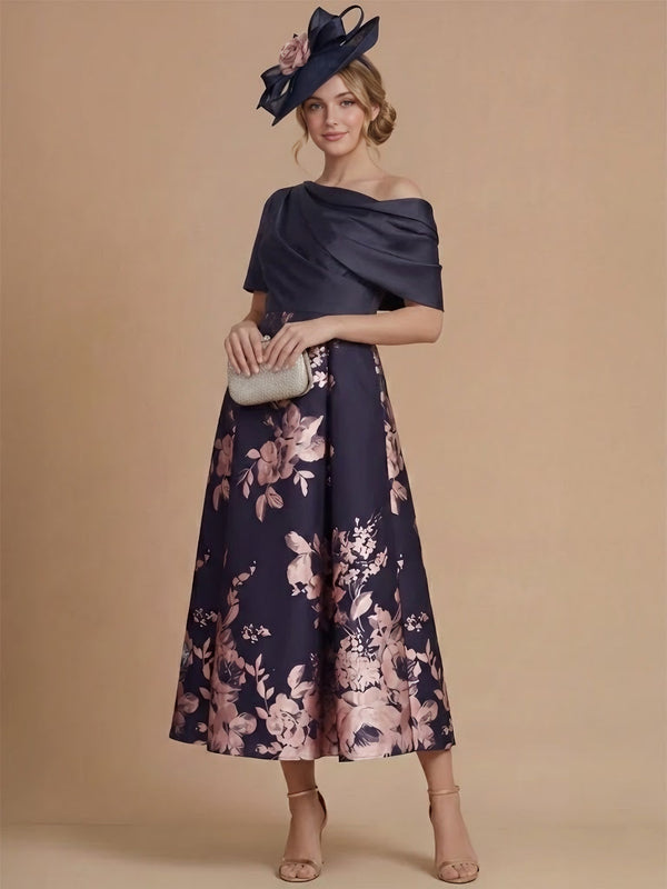 A-Line/Princess One-Shoulder Satin Mother of the Bride Dresses Tea-Length Sleeveless Floral