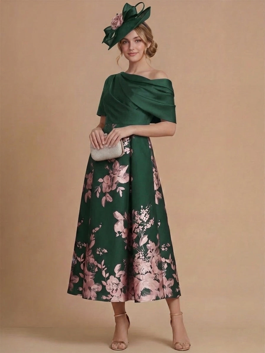 A-Line/Princess One-Shoulder Satin Mother of the Bride Dresses Tea-Length Sleeveless Floral