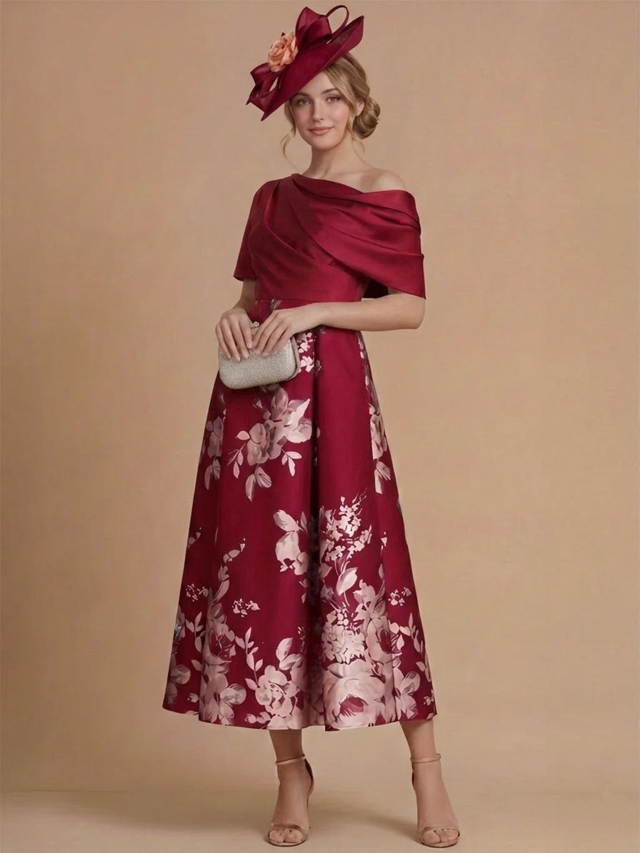A-Line/Princess One-Shoulder Satin Mother of the Bride Dresses Tea-Length Sleeveless Floral